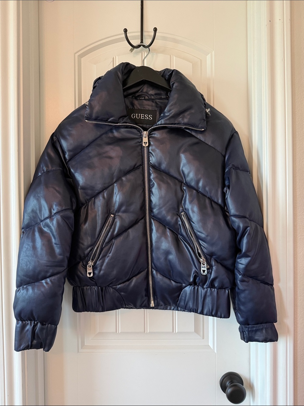 GUESS Shiny Dark Navy Quilted Puffer Jacket